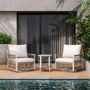 English Elm Christopher Knight Home® - 3-Piece Bohemian Outdoor Furniture Set - Swivel Chairs & Glass Table - Stylish, Durable, Waterproof Cushions N767P306731B_N767P306733B
