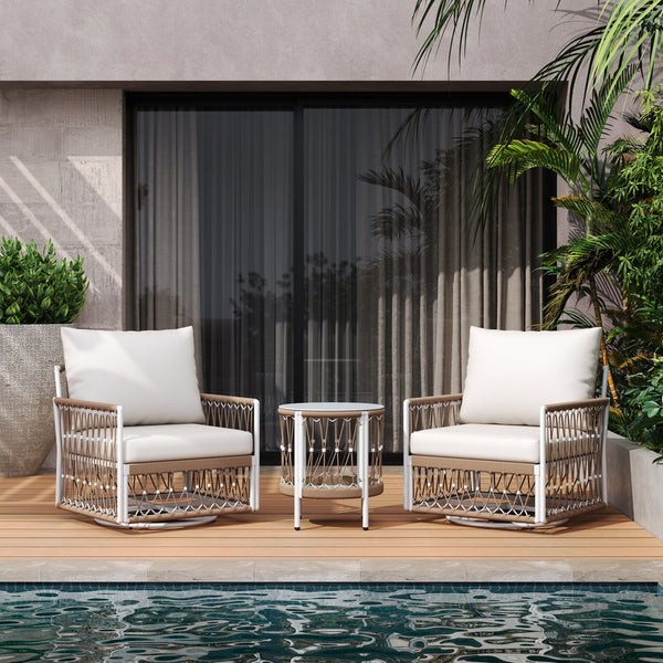 English Elm Christopher Knight Home® - 3-Piece Bohemian Outdoor Furniture Set - Swivel Chairs & Glass Table - Stylish, Durable, Waterproof Cushions N767P306731B_N767P306733B