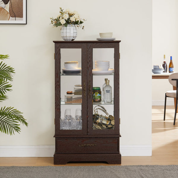 English Elm Glass Cabinet Vintage Carved Metal Handle Lighted Curio Display with Adjustable Glass Shelves, Drawer, Anti-Tip Strap Cherry W2275P178888