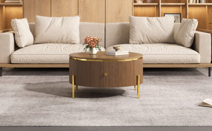 English Elm Modern Round Coffee Table with Gold Legs Two Drawers Brown Mdf Living Room N735P338995D
