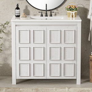 English Elm 36" Bathroom Vanity Organizer with Ceramic Sink, Solid Wood Distressed Finish, Hand-Painted Charm and Ample Storage Antique White N729P255666K