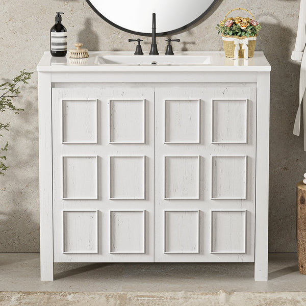 English Elm 36" Bathroom Vanity Organizer with Ceramic Sink, Solid Wood Distressed Finish, Hand-Painted Charm and Ample Storage Antique White N729P255666K
