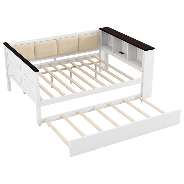 English Elm Twin Pine Wood Daybed with Trundle Upholstered Backrest Storage Shelf and Usb Port N7090002233K