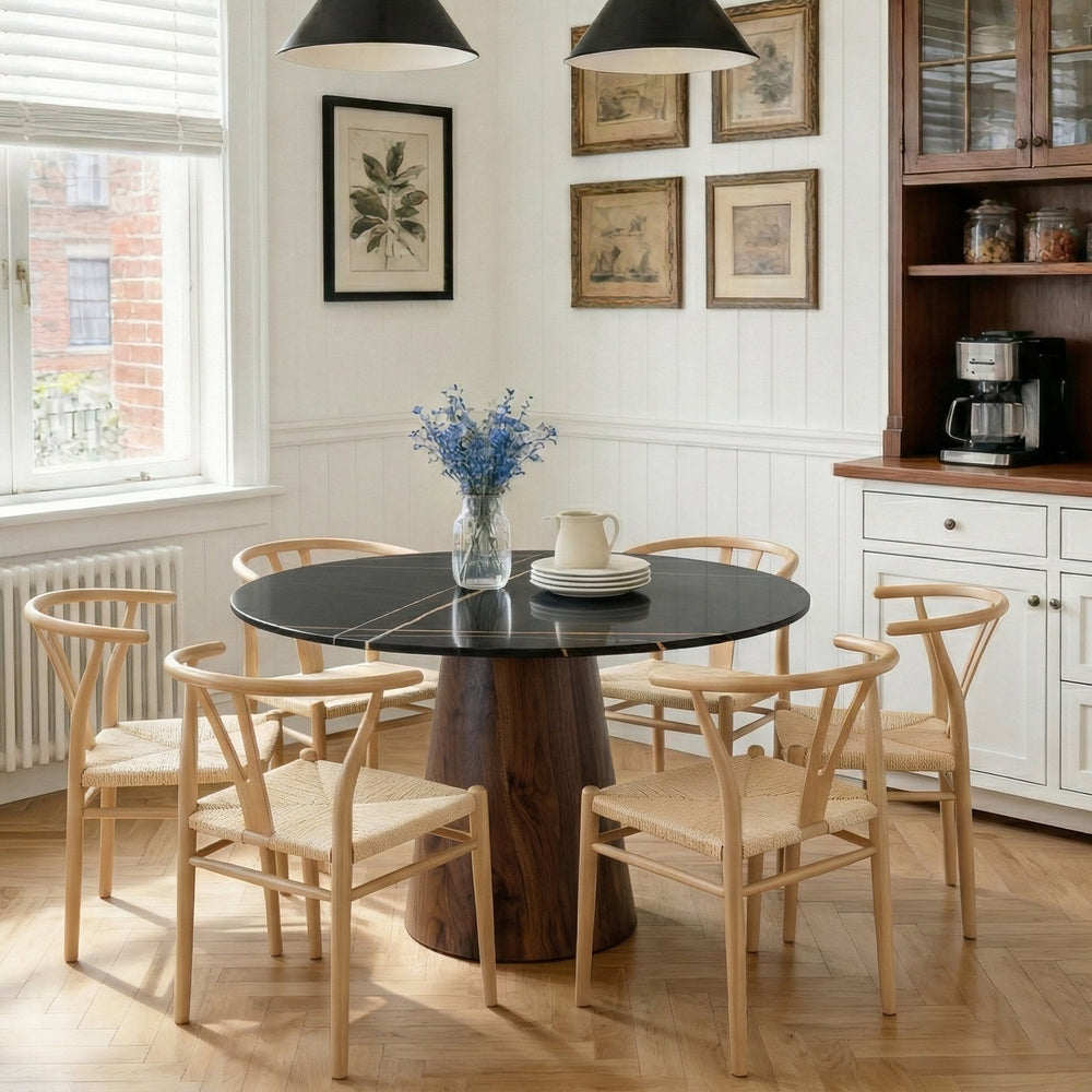 English Elm Table and Chairs Set 42 Inch Round Stone Top Six Wishbone Seats Walnut Dining W2920S00153