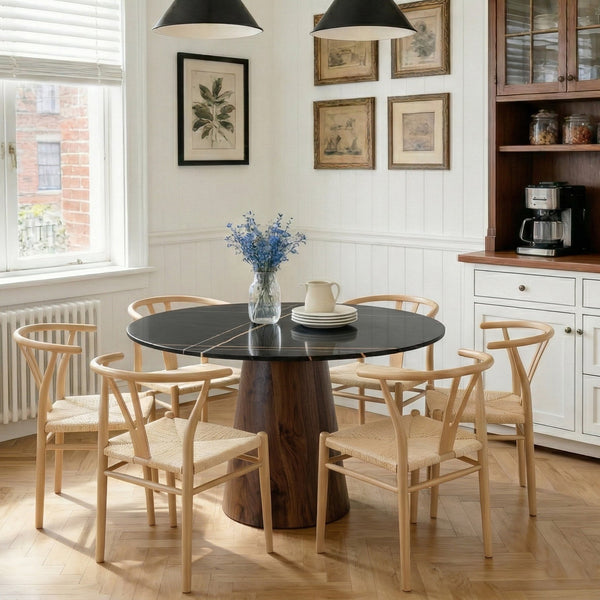 English Elm Table and Chairs Set 42 Inch Round Stone Top Six Wishbone Seats Walnut Dining W2920S00153