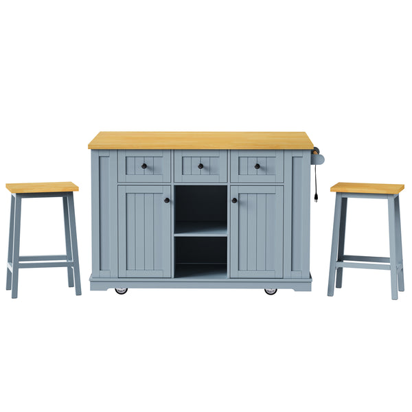 English Elm K&K 53" Large Kitchen Island with 2 Stools, Built-In Power Station, Wheels, Drop Leaf & Ample Storage Grey-Blue N707S000007G