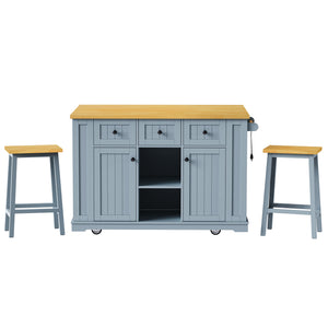English Elm K&k 53 Inch Kitchen Island Set with Bar Stools Power Outlet Drop Leaf and Storage Grey-Blue N707S003007G