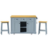 English Elm K&K 53Inch Large Kitchen Island With 2 Bar Stools, Power Outlet,Door Internal Storage Rack,Kitchen Storage Cart On 5 Wheels With Drop Leaf,5 Open Side Racks,3 Drawers For Kitchen,Dining Room,Grey Blue