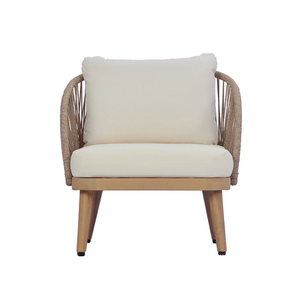 English Elm Acacia Wood Outdoor Tub Chair Woven Rope Accents Plush Cushion Coastal Patio Seat N767P368976L