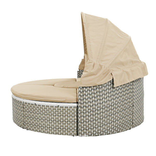 English Elm TOPMAX All-Weather Rattan Round Sectional Daybed with Retractable Canopy, Adjustable Table & Cushions Light Coffee SP100023AAC