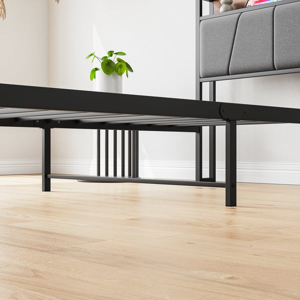 English Elm Twin Twin Size Bed Frame with Storage Headboard, USB Charging Ports, Gray Upholstered, Sturdy Metal Slats W840120026