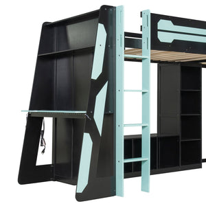 English Elm L-shaped Gaming Loft Bunk Bed Twin Wood Frame Rgb Lighting Usb Ports Storage Shelves Blue LT000295AAC