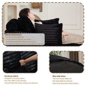 English Elm 50"l Corduroy Oversized Sleeper Chair with Neck Pillow Support for Lounge or Bedroom Black W834P405865