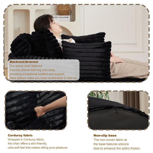 English Elm 50"l Corduroy Oversized Sleeper Chair with Neck Pillow Support for Lounge or Bedroom Black W834P405865