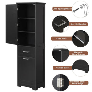English Elm Tall Bathroom Storage Cabinet - Freestanding, Adjustable Shelf & Dual Drawer Design In Matte Black Finish N725P206895B-GIGA
