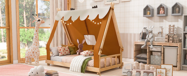 English Elm Twin Cabin Bed with Detachable Tent Skylight and Woodland Deer Antler Accents Brown N708P356716D