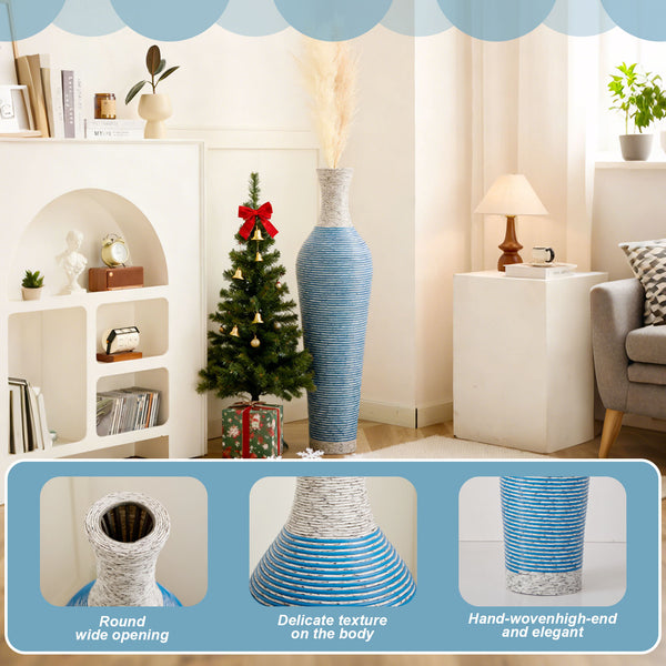 English Elm 39-Inch Tall Designer Floor Vase in Lake Blue PVC with Brushed Gold Accents for Dramatic Room Styling W2796P300933