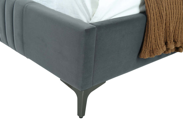 English Elm 48" Full Velvet Upholstered Bed Channel Tufted Headboard Mid-century Modern Bedroom Grey B365S00156
