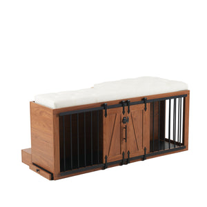 English Elm 56"L, 56"L Mid-Century Walnut Dog Crate Bench Ottoman with Sliding Barn Door, Padded Removable Cushion, Wheels, 300lb耐 N843P293660W