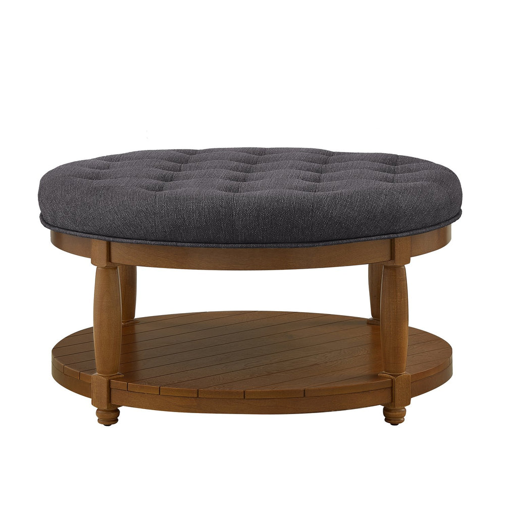 English Elm Large Tufted Linen Round Ottoman with Solid Wood Shelf Footrest for Living Room W2186P400511