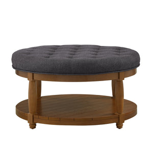 English Elm Large Tufted Linen Round Ottoman with Solid Wood Shelf Footrest for Living Room W2186P400511