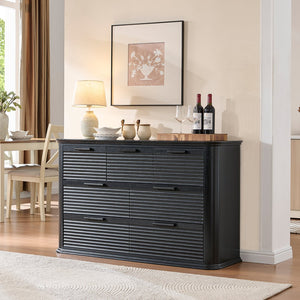 English Elm Fluted Wave Panel 7 Drawer Mdf Dresser Modern Bedroom Storage with Tv Stand Top Black Woodgrain T5326P425095