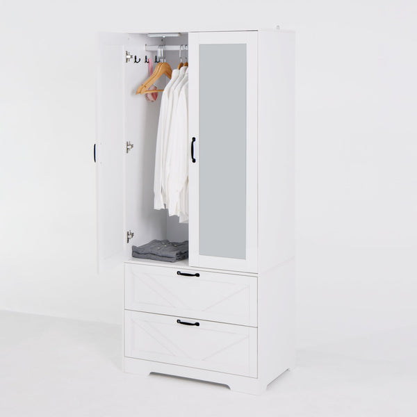 English Elm 2 Door White Wardrobe Closet with Mirror Hanging Rod Drawers and Auto Interior Light W409P167477
