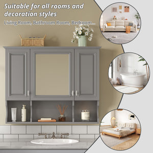 English Elm 35'' Modern Wall-Mounted Medicine Cabinet with Mirror, Hidden Storage and Open Shelves for Bath Gray N710P209443E