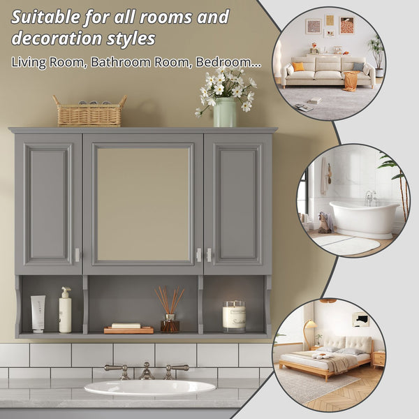 English Elm 35'' Modern Wall-Mounted Medicine Cabinet with Mirror, Hidden Storage and Open Shelves for Bath Gray N710P209443E
