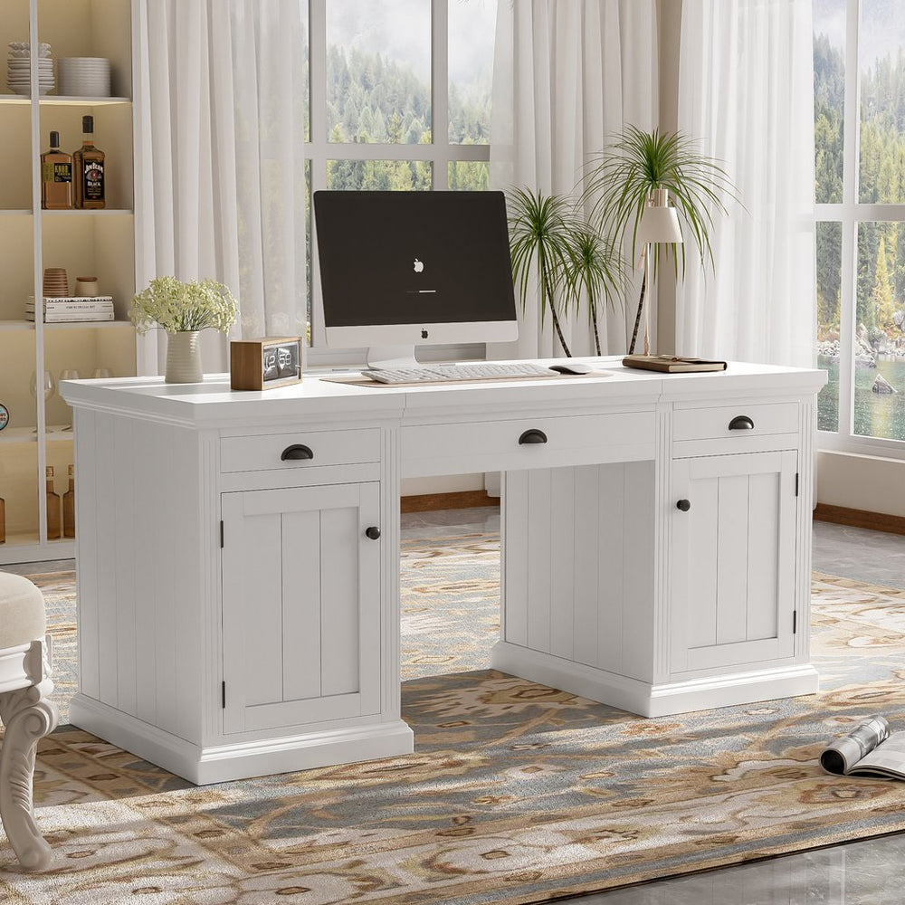 English Elm 67" White Executive Desk with Cabinet Storage Drawers and Usb Ports for Home Office N751S415500K