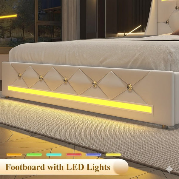 English Elm Queen Platform Bed Wingback Diamond Quilted Headboard Led Lighting Storage Drawers White W5722P462686