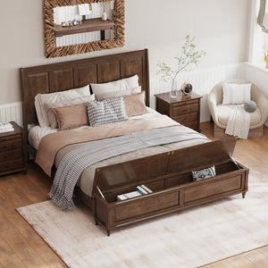 English Elm Queen Sleigh Bed Solid Rubberwood Walnut Finish Curved Headboard Footboard Storage Bench Walnut Brown W1716S00036