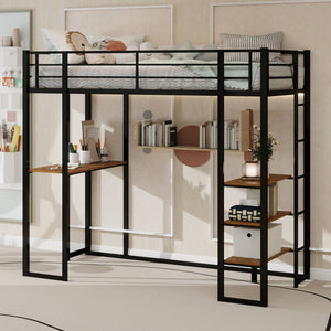 English Elm Iron framed bunk bed with L-shaped study desk and dual-side stairs, space-saving durable design Black W1935P330795