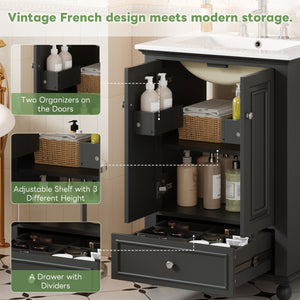 English Elm 24'' French Style Bathroom Vanity with Ceramic Sink Soft Close Cabinet and Drawer Black N710P411227B