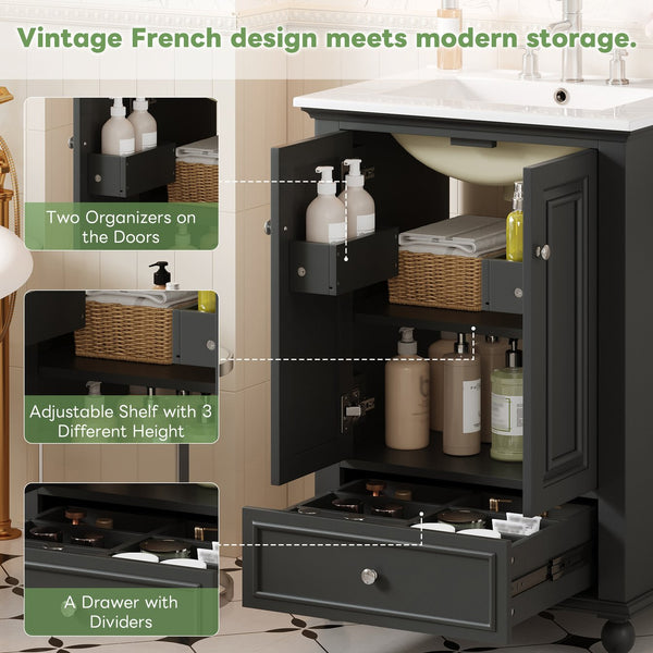 English Elm 24'' French Style Bathroom Vanity with Ceramic Sink Soft Close Cabinet and Drawer Black N710P411227B