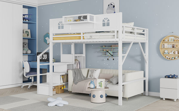 English Elm Full Size Loft Bed With Integrated Wardrobe, Stairs, House-Shaped Guardrails & Space-Saving Design W2593S00037