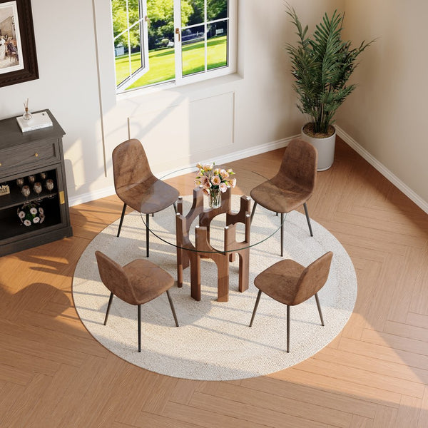 English Elm Round Tempered Glass Dining Table Sculptural Geometric Mdf Base Seats Four Compact Walnut W3875P387156