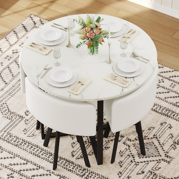 English Elm 5 Piece Round Faux Marble Dining Set with Pu Leather Chairs for Small Apartments White W3875S00087