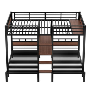 English Elm Twin Triple Bunk Bed Black Metal Frame with Built-in Storage Stairs and Shelves W1580S00620