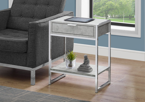 English Elm Accent Table With Storage Drawer - Modern Grey Laminate & Chrome Metal, Versatile For Living Spaces B2710P219305