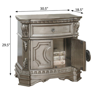 English Elm Antique Silver Champagne Nightstand with Felt-Lined Drawer & Cabinet Storage, Vintage Charm Design B062P189073