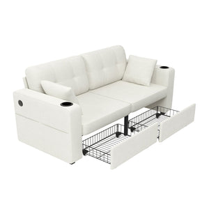 English Elm Sofas for Living Room Chenille Three Seat Couch with Usb Charging Storage and Cup Holder Beige W395S00142