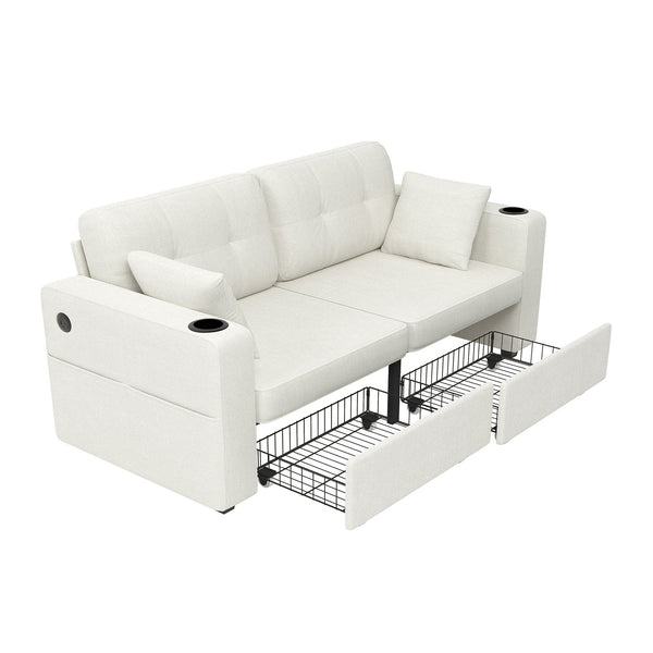 English Elm Sofas for Living Room Chenille Three Seat Couch with Usb Charging Storage and Cup Holder Beige W395S00142