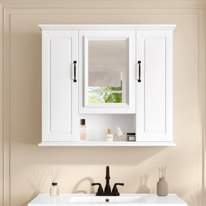 English Elm 36'' Mirror Cabinet with 3 Doors — Wall-Mounted Bathroom Storage Unit, MDF & Pine, Spacious Shelves White N725P346902K