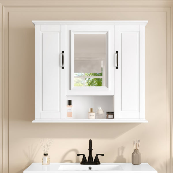 English Elm 36'' Mirror Cabinet with 3 Doors — Wall-Mounted Bathroom Storage Unit, MDF & Pine, Spacious Shelves White N725P346902K