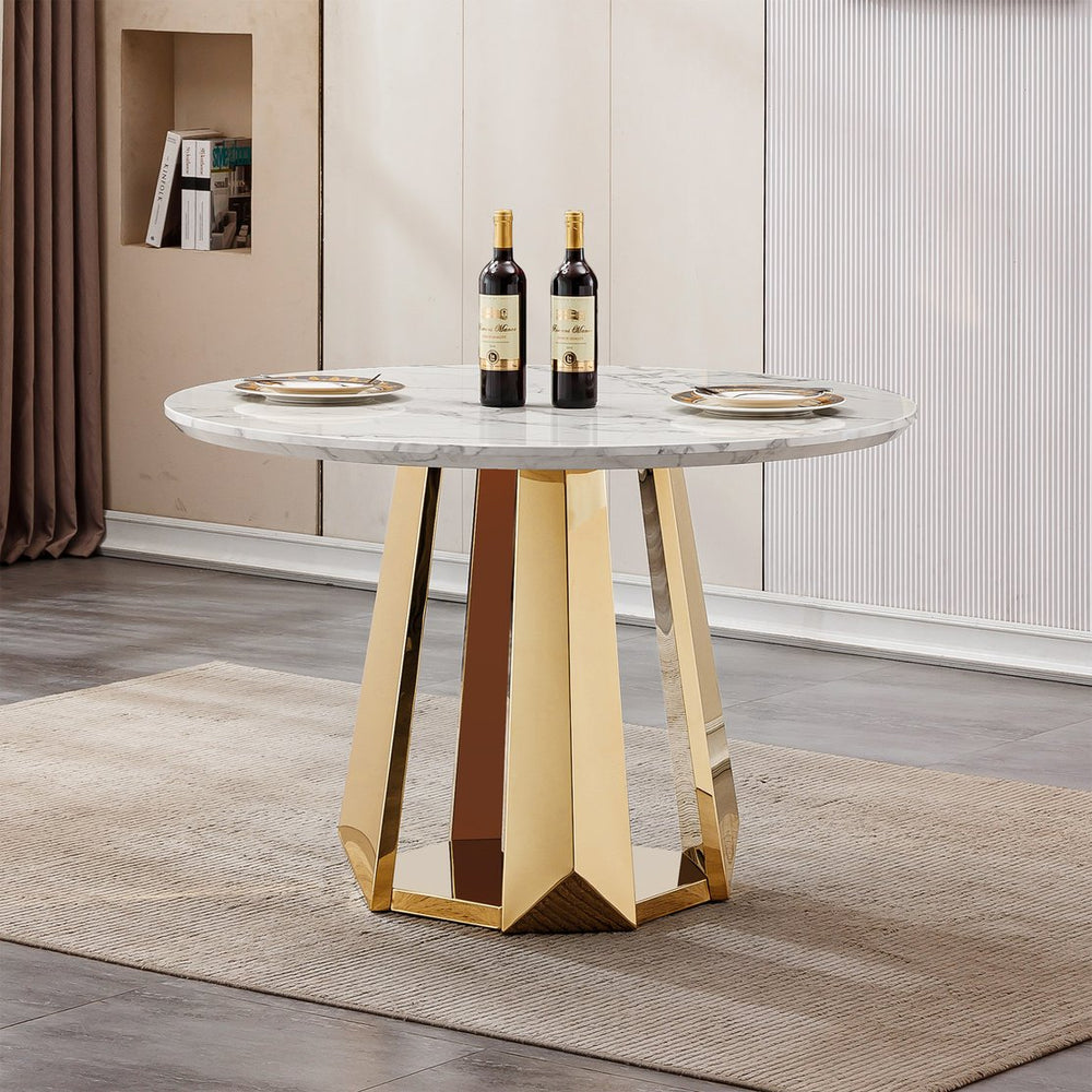 English Elm 47" Round Marble Dining Table - Modern High Gloss Faux Marble Top & Stainless Steel Base For Stylish Spaces W3456S00010