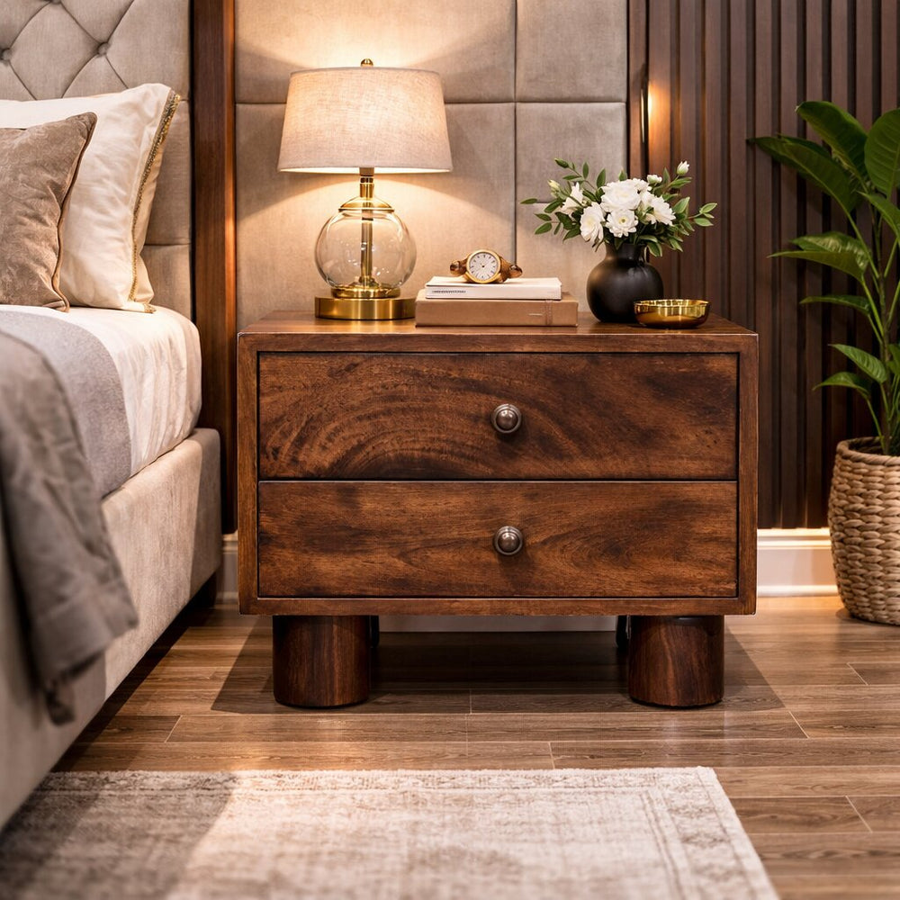 English Elm Solid Mango Wood Two Drawer Nightstand Warm Walnut Tone Modern Bedroom Storage B182P479767