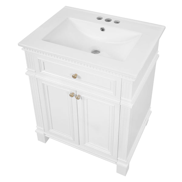 English Elm 24'' Carved Farmhouse Bathroom Vanity with Ceramic Sink Soft Close Storage Cabinet White N710P446530K