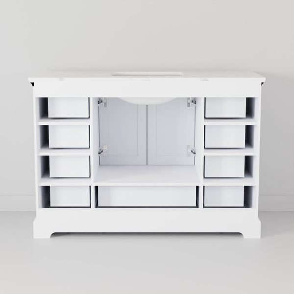 English Elm White Single Bath Vanity 48 in. W x 22 in. D with Carrara Marble Top, Solid Wood, Soft-Close Drawers B2731P258204