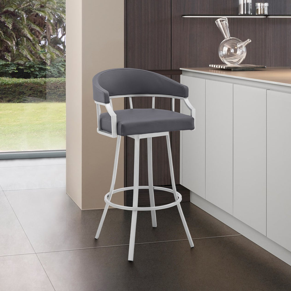 English Elm Wyden 30" Swivel Faux Leather Bar Stool with Brushed Metal Base, 360° Rotation, Footrest Gray B2736P268609